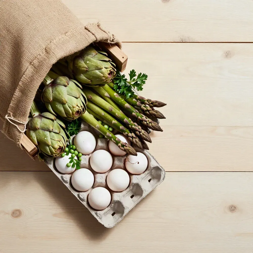 Cassetta di mercato con carciofi, asparagi, piselli, uova e prezzemolo su legno chiaro.