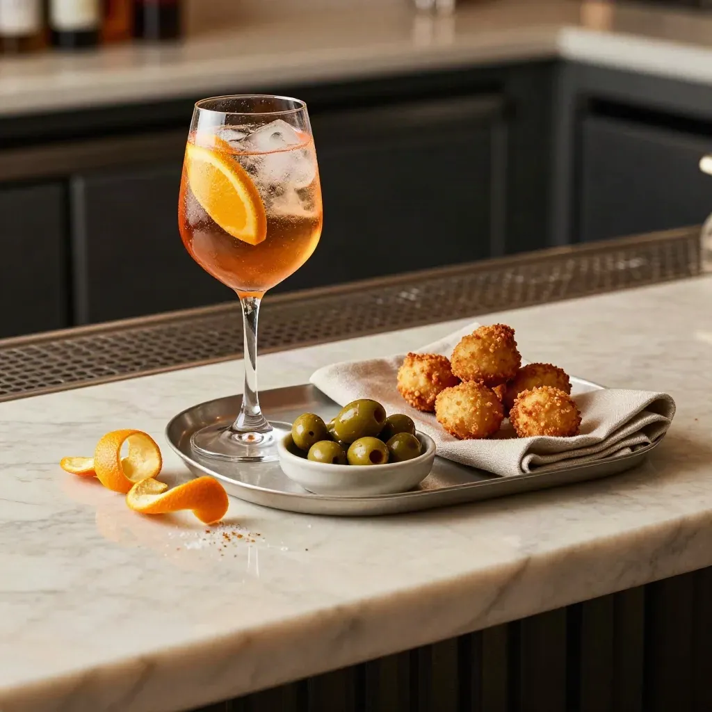 Vassoio da aperitivo milanese con spritz, olive, fritti e scorza d’agrumi su marmo.