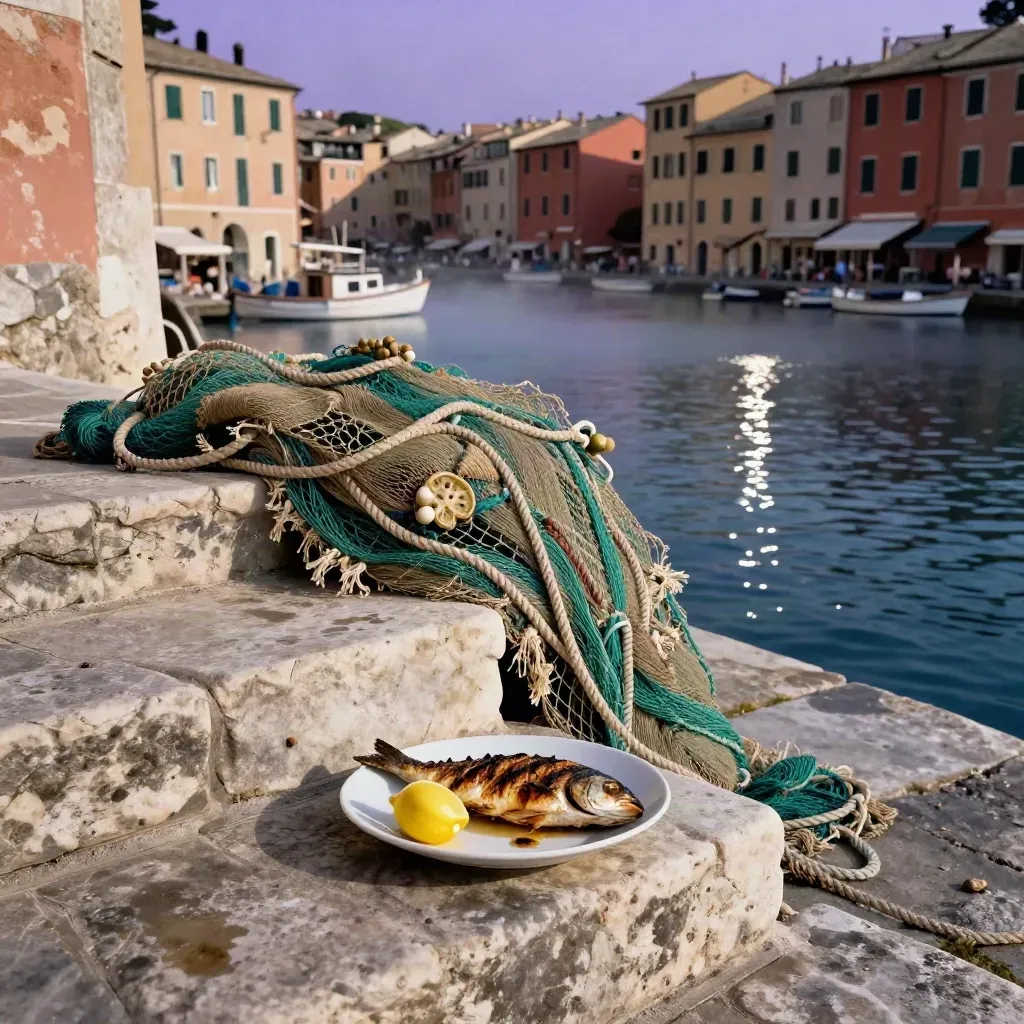 Piccolo porto ligure all'ora blu con reti, gradini, pesce alla griglia e facciate pastello.