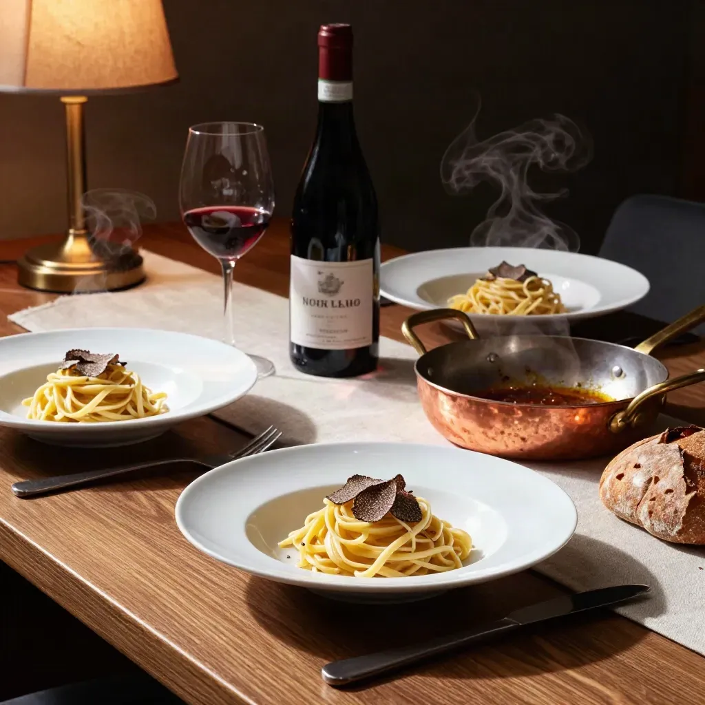 Tajarin al tartufo, Barolo e pane scuro su tavola piemontese, con vapore nel dopocena.