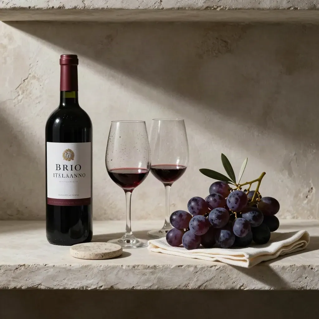 Bottiglia di vino rosso con due calici e uva su mensola in gesso, luce morbida.